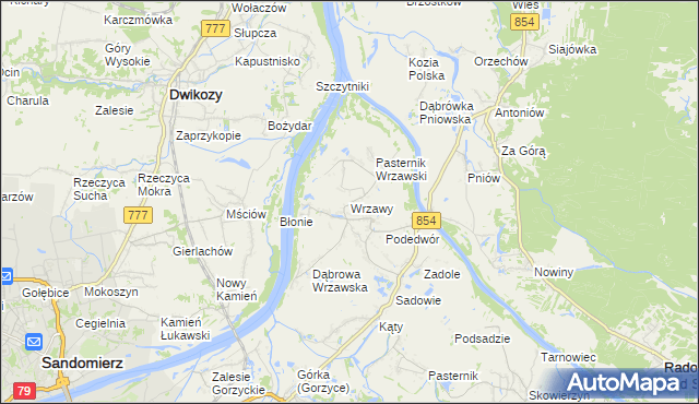 mapa Wrzawy gmina Gorzyce, Wrzawy gmina Gorzyce na mapie Targeo