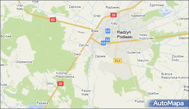 mapa Zabiele gmina Radzyń Podlaski, Zabiele gmina Radzyń Podlaski na mapie Targeo