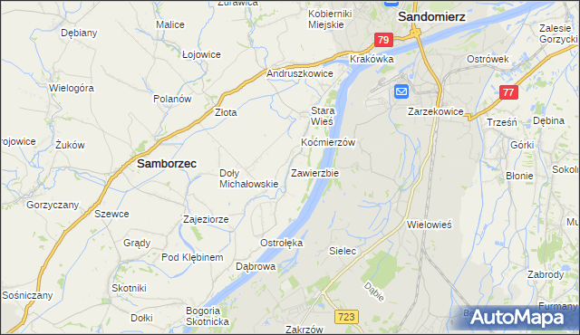 mapa Zawierzbie gmina Samborzec, Zawierzbie gmina Samborzec na mapie Targeo