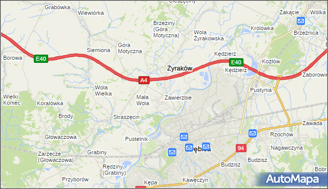 mapa Zawierzbie gmina Żyraków, Zawierzbie gmina Żyraków na mapie Targeo