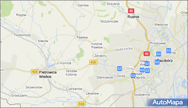 mapa Żerdziny gmina Pietrowice Wielkie, Żerdziny gmina Pietrowice Wielkie na mapie Targeo