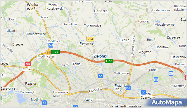 mapa Zielonki powiat krakowski, Zielonki powiat krakowski na mapie Targeo