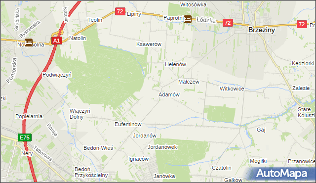 mapa Adamów gmina Brzeziny, Adamów gmina Brzeziny na mapie Targeo