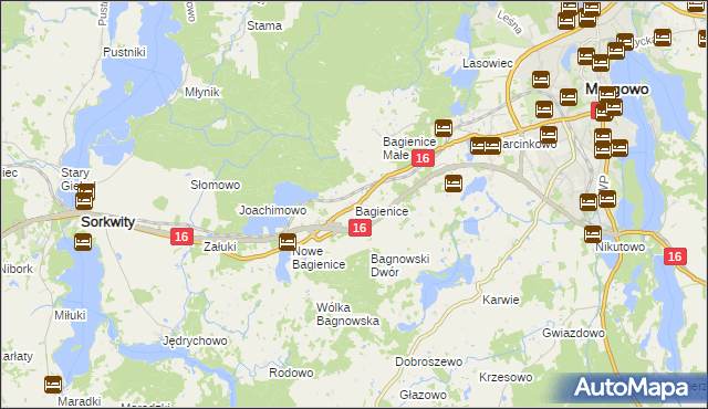 mapa Bagienice gmina Mrągowo, Bagienice gmina Mrągowo na mapie Targeo