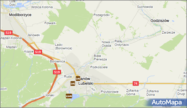 mapa Biała Pierwsza gmina Janów Lubelski, Biała Pierwsza gmina Janów Lubelski na mapie Targeo