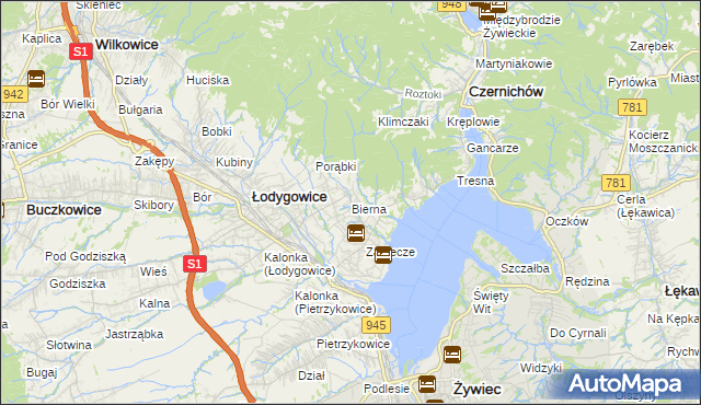 mapa Bierna gmina Łodygowice, Bierna gmina Łodygowice na mapie Targeo