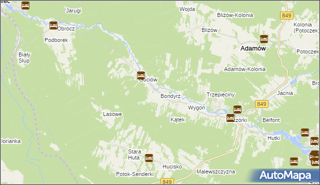 mapa Bondyrz gmina Adamów, Bondyrz gmina Adamów na mapie Targeo