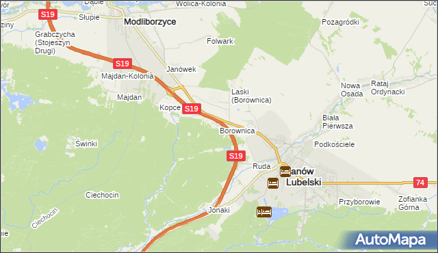 mapa Borownica gmina Janów Lubelski, Borownica gmina Janów Lubelski na mapie Targeo
