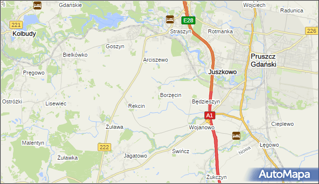 mapa Borzęcin gmina Pruszcz Gdański, Borzęcin gmina Pruszcz Gdański na mapie Targeo