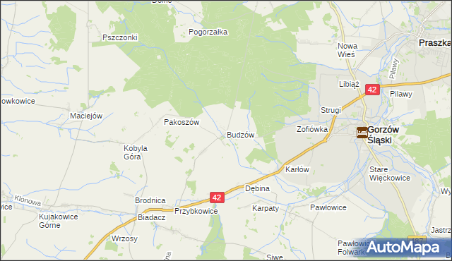 mapa Budzów gmina Gorzów Śląski, Budzów gmina Gorzów Śląski na mapie Targeo