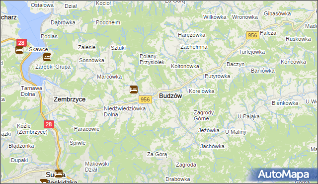 mapa Budzów powiat suski, Budzów powiat suski na mapie Targeo