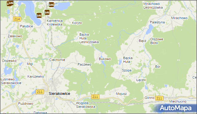 mapa Bukowo gmina Sierakowice, Bukowo gmina Sierakowice na mapie Targeo
