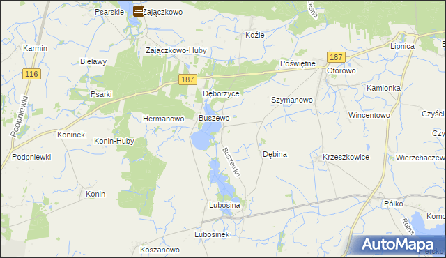 mapa Buszewko gmina Pniewy, Buszewko gmina Pniewy na mapie Targeo