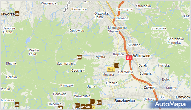 mapa Bystra gmina Wilkowice, Bystra gmina Wilkowice na mapie Targeo