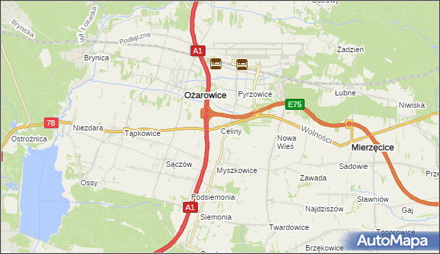 mapa Celiny gmina Ożarowice, Celiny gmina Ożarowice na mapie Targeo