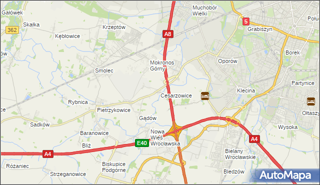 mapa Cesarzowice gmina Kąty Wrocławskie, Cesarzowice gmina Kąty Wrocławskie na mapie Targeo