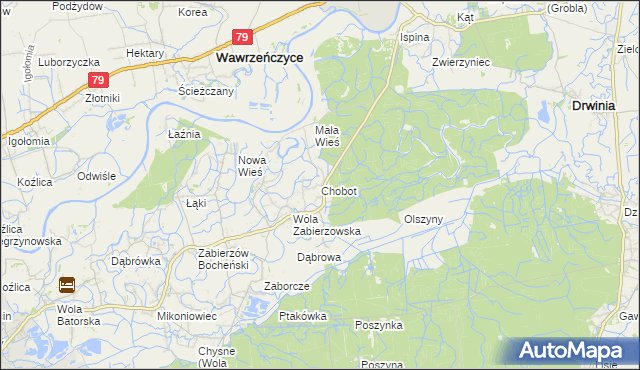 mapa Chobot gmina Niepołomice, Chobot gmina Niepołomice na mapie Targeo