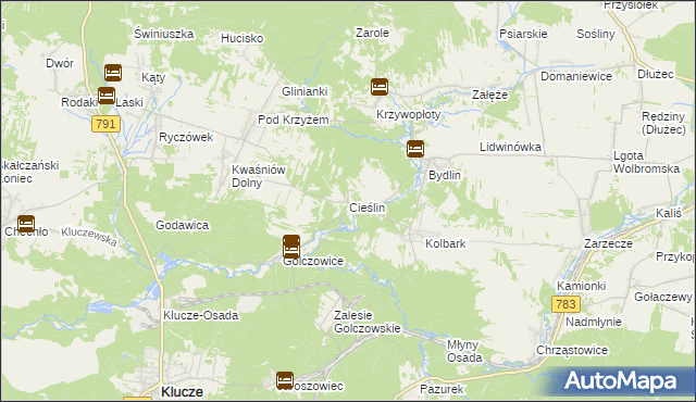 mapa Cieślin gmina Klucze, Cieślin gmina Klucze na mapie Targeo