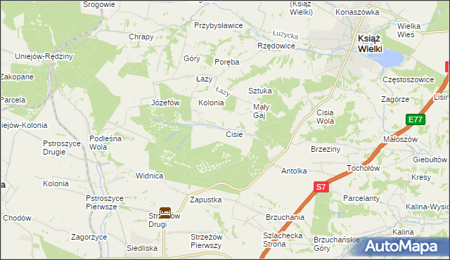 mapa Cisie gmina Książ Wielki, Cisie gmina Książ Wielki na mapie Targeo