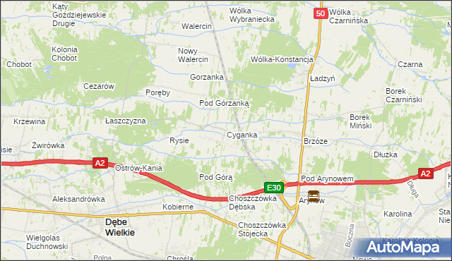 mapa Cyganka gmina Dębe Wielkie, Cyganka gmina Dębe Wielkie na mapie Targeo