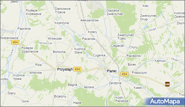 mapa Cyganka gmina Panki, Cyganka gmina Panki na mapie Targeo