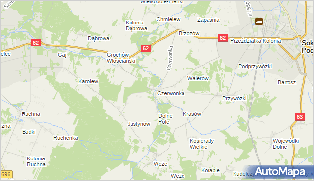 mapa Czerwonka gmina Sokołów Podlaski, Czerwonka gmina Sokołów Podlaski na mapie Targeo