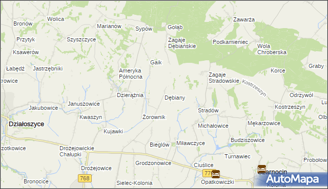 mapa Dębiany gmina Działoszyce, Dębiany gmina Działoszyce na mapie Targeo