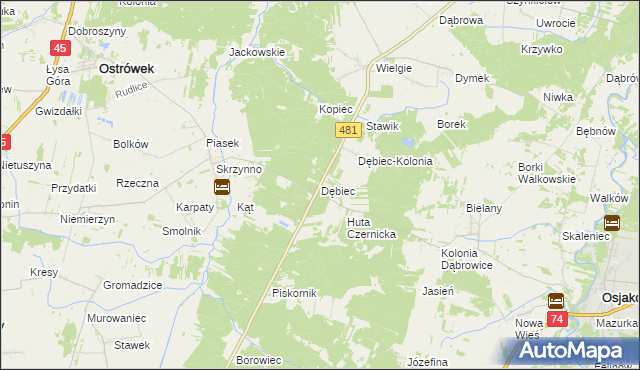 mapa Dębiec gmina Ostrówek, Dębiec gmina Ostrówek na mapie Targeo