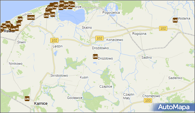 mapa Drozdowo gmina Karnice, Drozdowo gmina Karnice na mapie Targeo