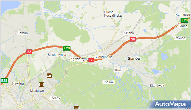 mapa Gorzebądz gmina Sianów, Gorzebądz gmina Sianów na mapie Targeo