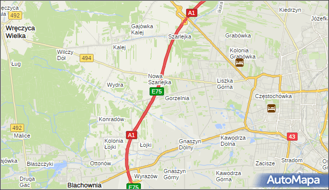 mapa Gorzelnia gmina Blachownia, Gorzelnia gmina Blachownia na mapie Targeo