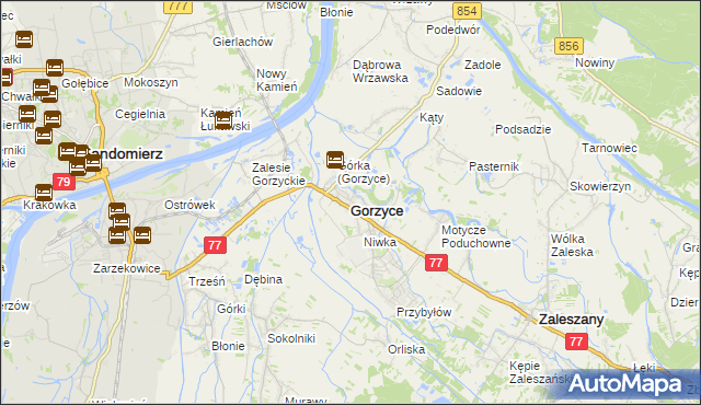 mapa Gorzyce powiat tarnobrzeski, Gorzyce powiat tarnobrzeski na mapie Targeo