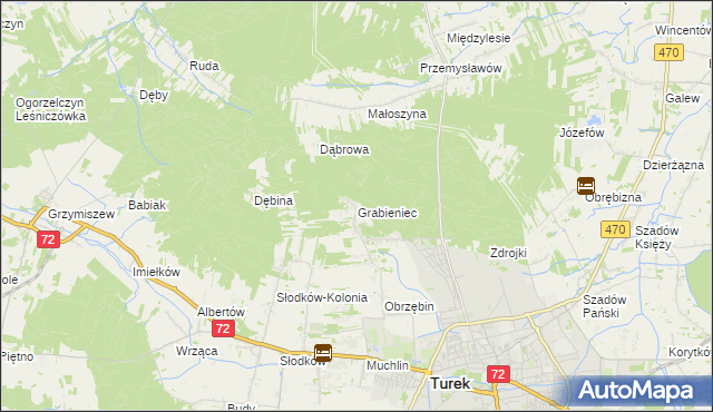 mapa Grabieniec gmina Turek, Grabieniec gmina Turek na mapie Targeo