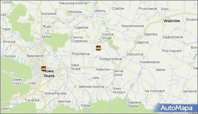 mapa Grzegorzowice gmina Waśniów, Grzegorzowice gmina Waśniów na mapie Targeo