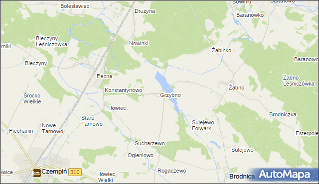 mapa Grzybno gmina Brodnica, Grzybno gmina Brodnica na mapie Targeo