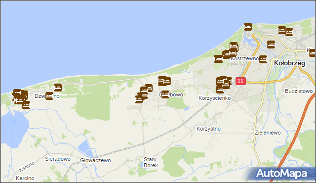 mapa Grzybowo gmina Kołobrzeg, Grzybowo gmina Kołobrzeg na mapie Targeo