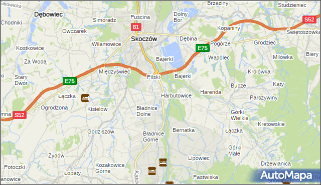 mapa Harbutowice gmina Skoczów, Harbutowice gmina Skoczów na mapie Targeo