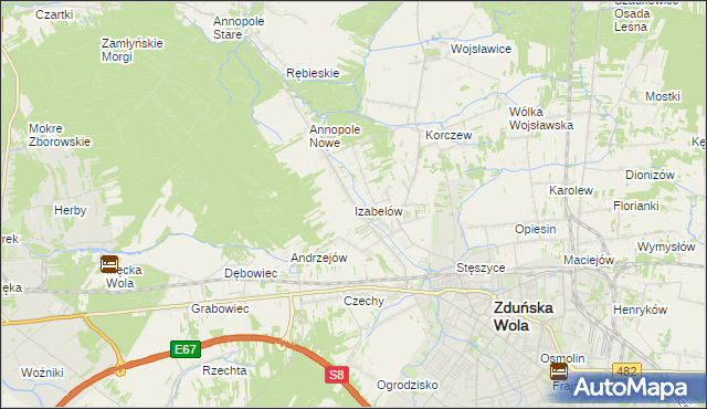 mapa Izabelów gmina Zduńska Wola, Izabelów gmina Zduńska Wola na mapie Targeo