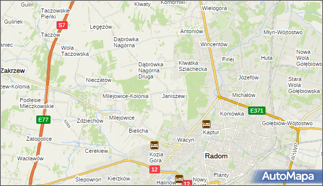 mapa Janiszew gmina Zakrzew, Janiszew gmina Zakrzew na mapie Targeo