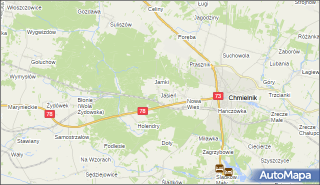 mapa Jasień gmina Chmielnik, Jasień gmina Chmielnik na mapie Targeo