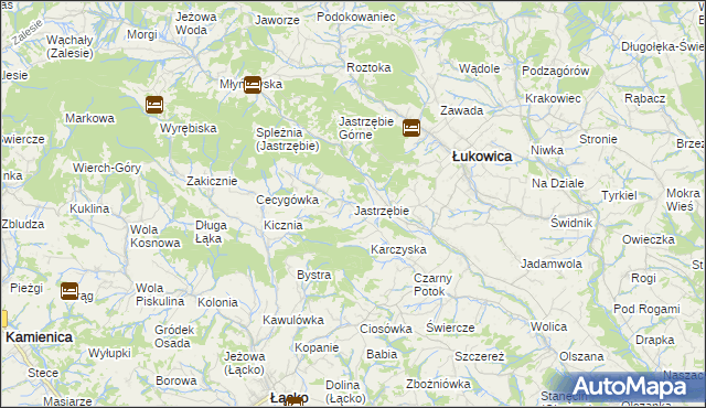 mapa Jastrzębie gmina Łukowica, Jastrzębie gmina Łukowica na mapie Targeo