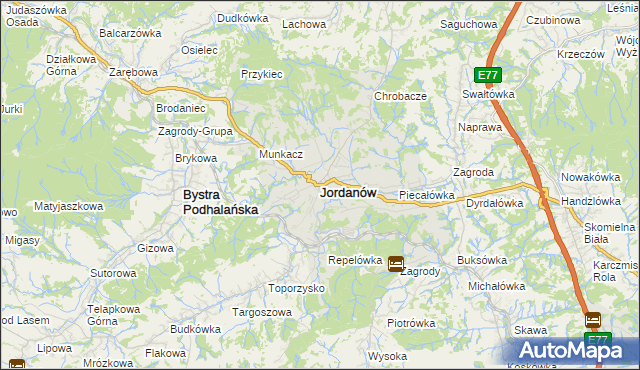 mapa Jordanów powiat suski, Jordanów powiat suski na mapie Targeo