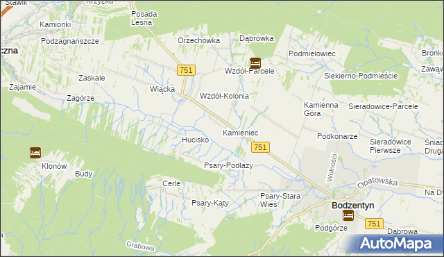 mapa Kamieniec gmina Bodzentyn, Kamieniec gmina Bodzentyn na mapie Targeo