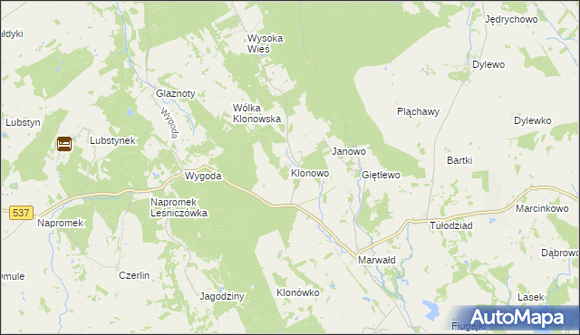 mapa Klonowo gmina Ostróda, Klonowo gmina Ostróda na mapie Targeo
