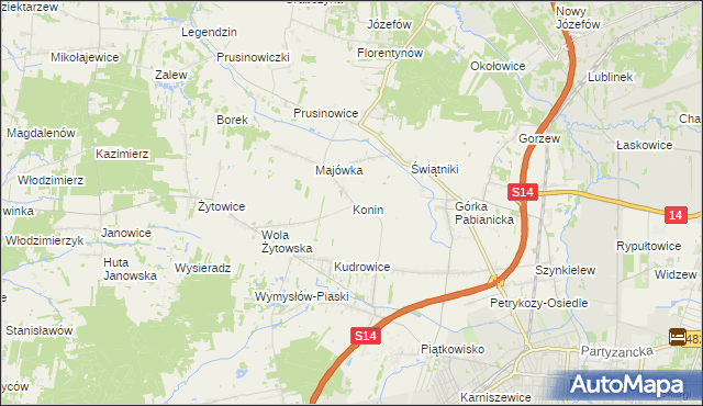 mapa Konin gmina Pabianice, Konin gmina Pabianice na mapie Targeo
