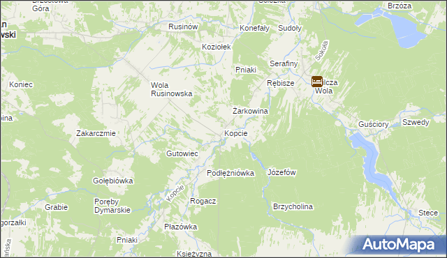 mapa Kopcie gmina Dzikowiec, Kopcie gmina Dzikowiec na mapie Targeo