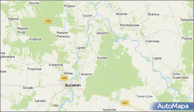 mapa Korzeń gmina Widawa, Korzeń gmina Widawa na mapie Targeo