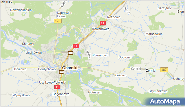 mapa Kowanowo gmina Oborniki, Kowanowo gmina Oborniki na mapie Targeo
