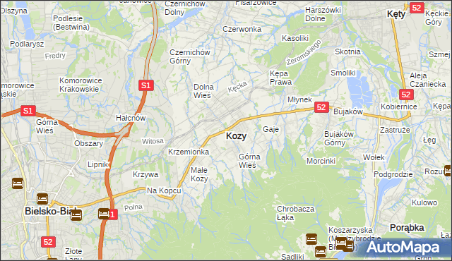 mapa Kozy powiat bielski, Kozy powiat bielski na mapie Targeo