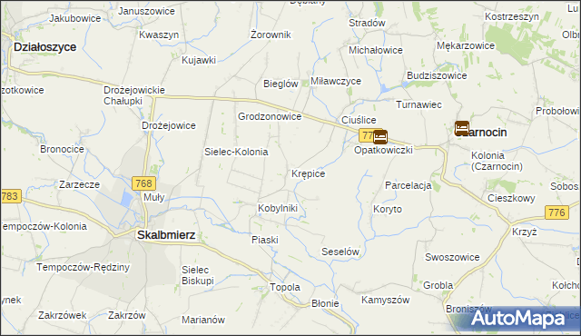 mapa Krępice gmina Skalbmierz, Krępice gmina Skalbmierz na mapie Targeo